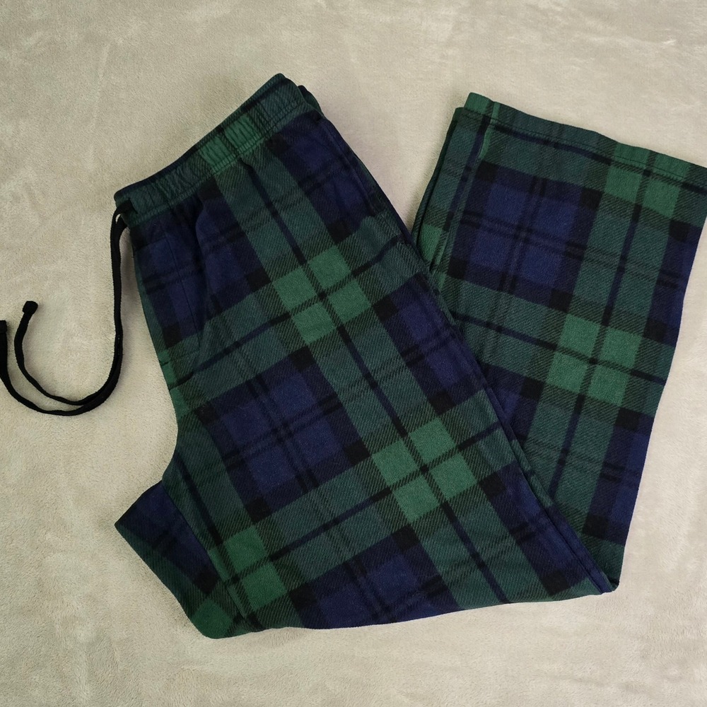 Croft & Barrow Mens L‎ Green Blue Plaid Fleece Pajama Pants Loungewear Pockets